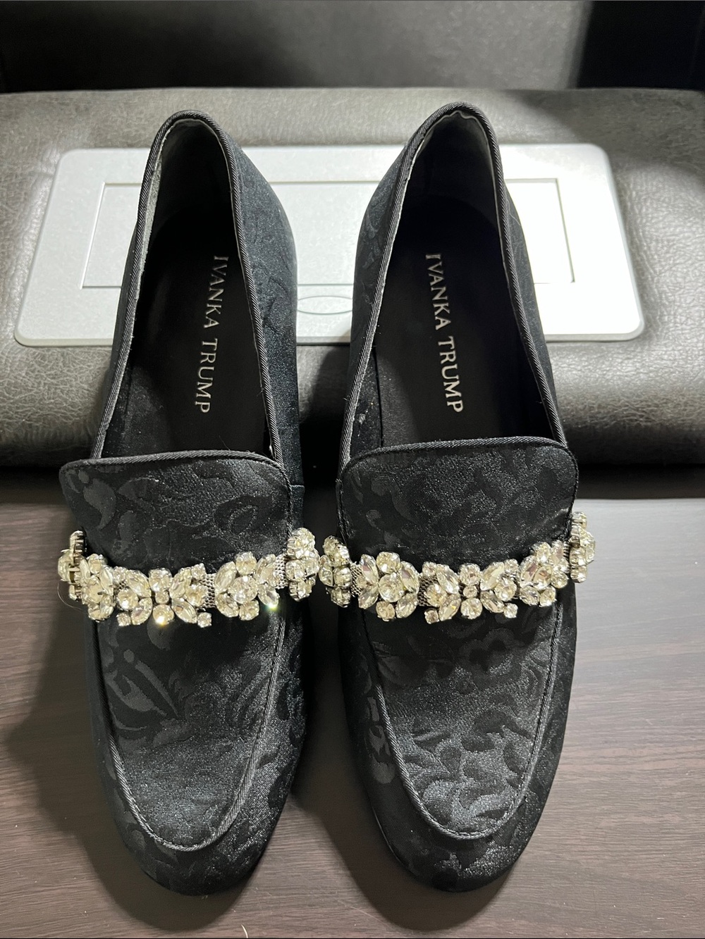 Ivanka Trump Black Jacquard Loafers with Crystal Floral Strap